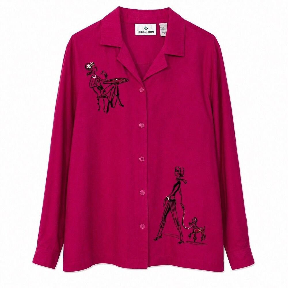 Erin London Blouse Women's Large Pink Beaded Paris Cafe Poodle Top Button Front